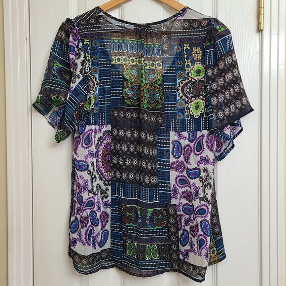 One World Sheer Boho Top Paisley Floral Patchwork Print Beaded Ruffles Size L - Picture 4 of 10